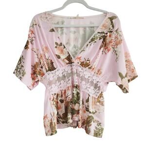 See the Shades Pink Floral Sheer Lace Batwing Lingerie Style Top V-Neck Medium